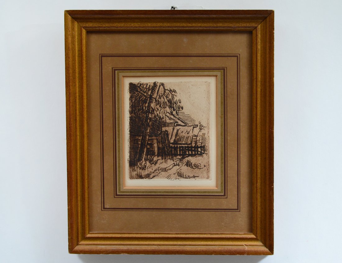 PAUL CEZANNE (French. 1839-1906): "Paysage a Auvers". Verso bears authentication from the Collectors Guild, Ltd. New York and dated 1873. Etching. Measuring 5 1/4" by 4 1/4". Framed under glass. (Cond: good) (250/300)