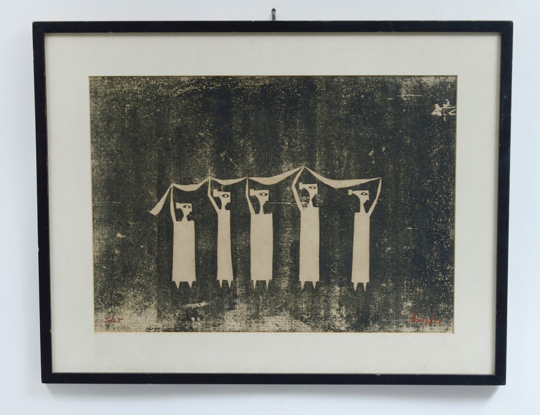 CHARLES DOUGLAS (American. 20th Century): "Ritual". Signed l/r. Verso bears exhibition label from Art: USAL 59 at the New York Coliseum. Woodcut. Measuring 11 1/2" by 16". Framed under glass. (Cond: good) (80/120) Provenance: Contemporary Art