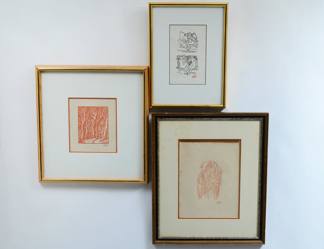 ARISTIDE MAILLOL (French. 1861-1944): All with artist's initial l/r. One numbered 197/2000. Group of Three Woodcuts. Size of largest: 6 1/2" by 4 1/2". All framed under glass. (Cond: some very minor foxing to one) (400/600)