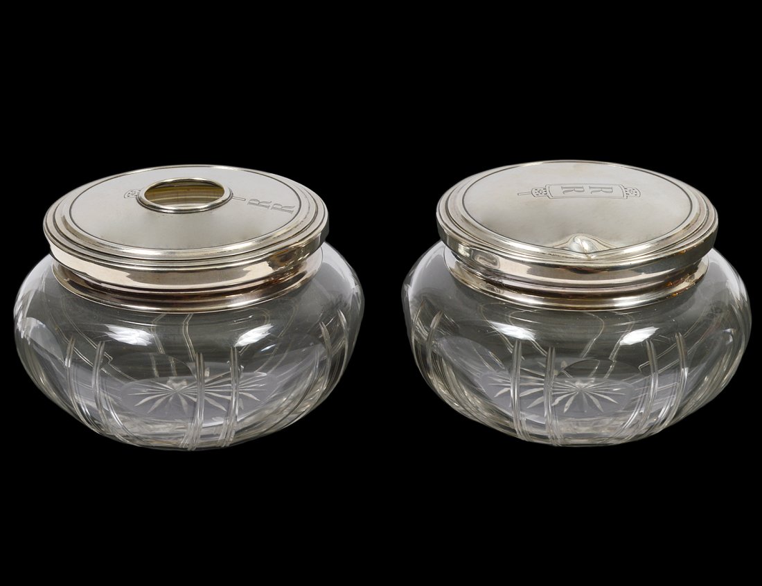 TWO STERLING SILVER AND GLASS COVERED VANITY BOXES (1 of 3)