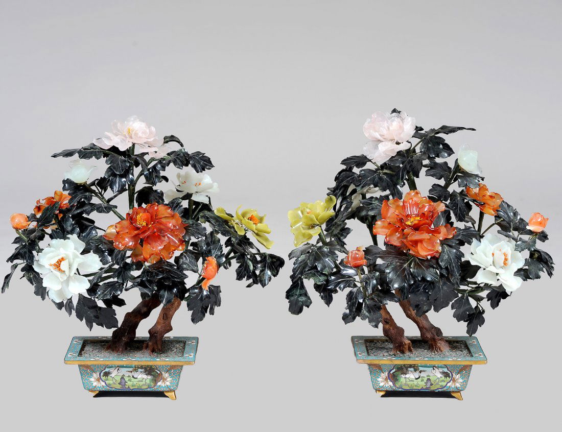 PAIR OF JADE AND HARDSTONE TREES (1 of 3)