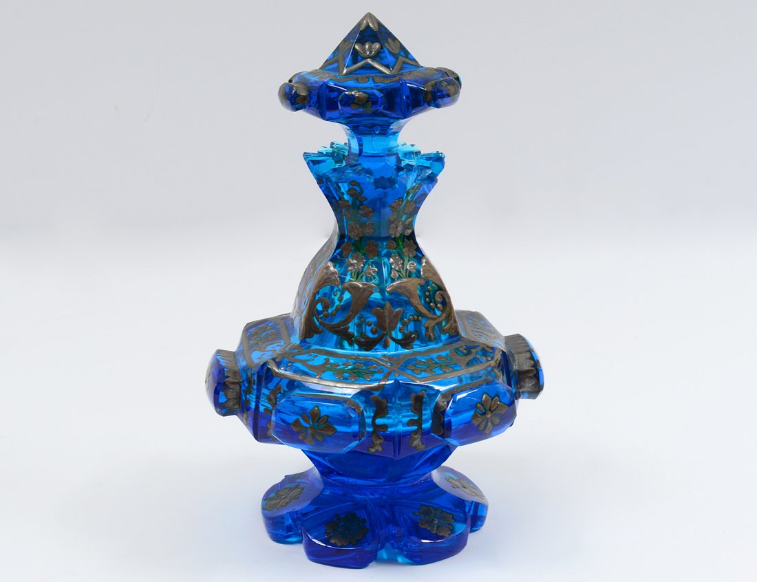 BLUE CUT GLASS ENAMELED BOTTLE (1 of 2)