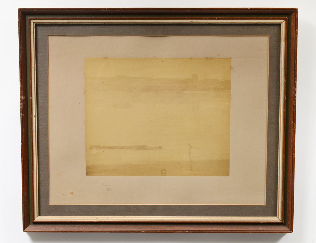 JAMES McNEILL WHISTLER (American. 1834-1903): “Nocturne in Blue and Green: Chelsea”. Signed and monogrammed in pencil l/l and monogrammed in the image. Photolithograph. Measuring 8" by 10". Framed under glass. (Cond: minor spitting) (150/300)