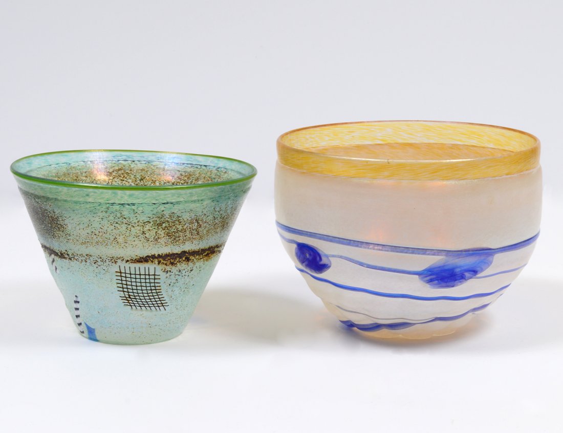 TWO BERTIL VALLIEN GLASS VASES FOR KOSTA BODA: Signed with serial number. Height of tallest 4 1/2. Diameter 6 1/4. (Cond: good) (300/400)