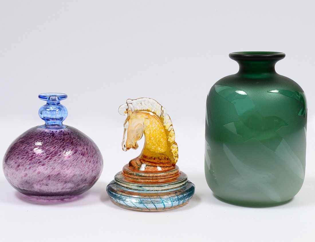 GROUP OF TWO BERTIL VALLIEN GLASS ARTICLES: Comprising: a signed and numbered vase, height 6”; and signed and numbered perfume bottle, height 4”. Together with a Kosta Boda paperweight, indistinctly signed and numbered by the artist, height