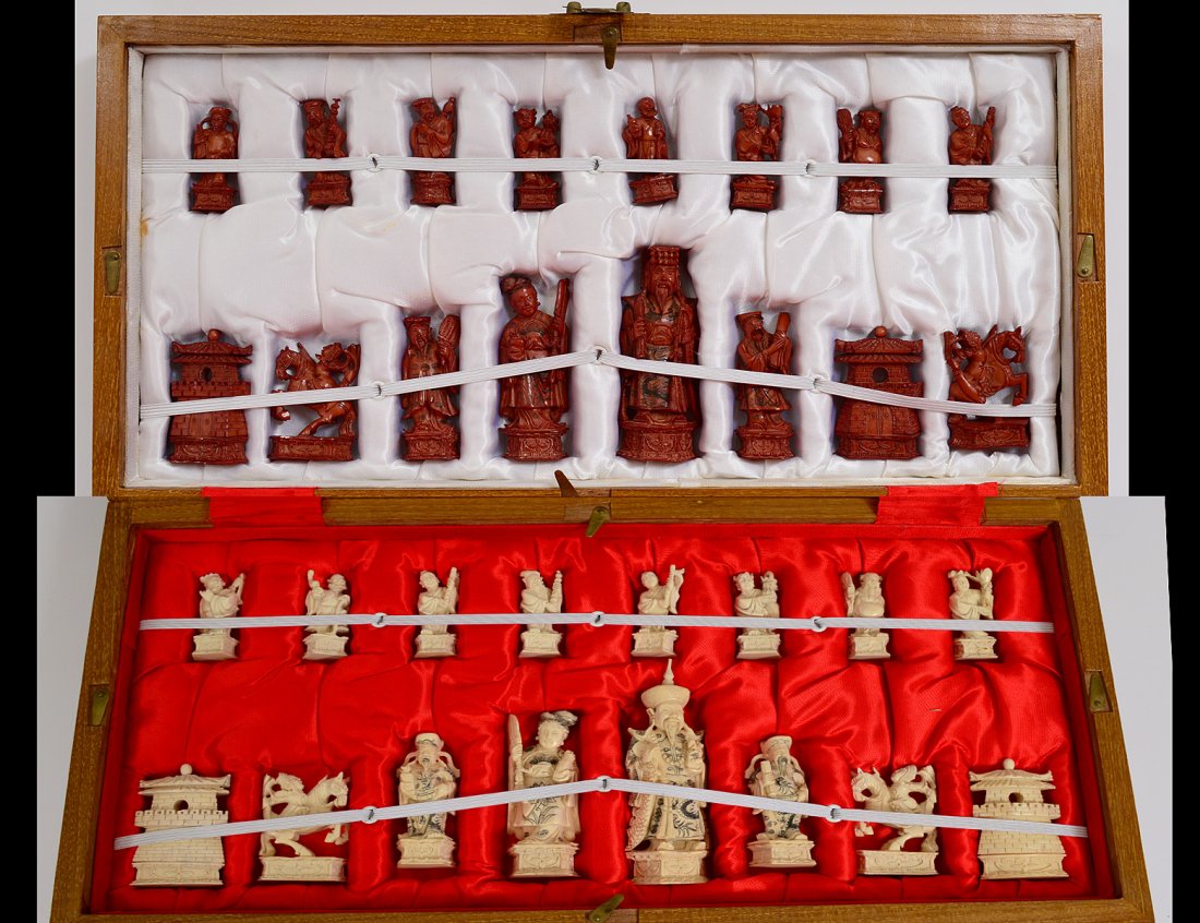 CARVED AND STAINED IVORY CHESS SET (1 of 10)