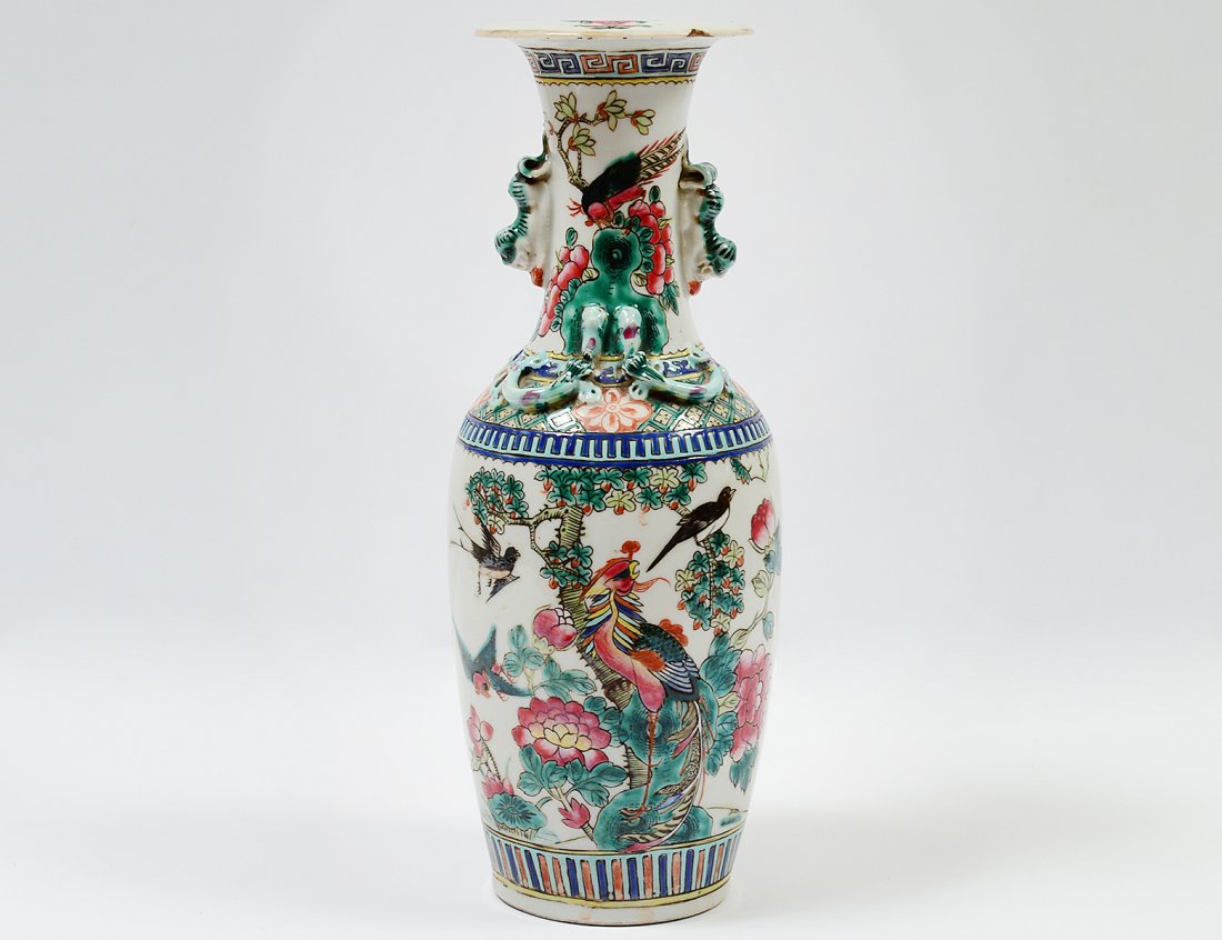 PORCELAIN FAMILLE VERTE VASE: Chinese. With red wax seal. Height 12”. (Cond: chip to rim) (150/200)
