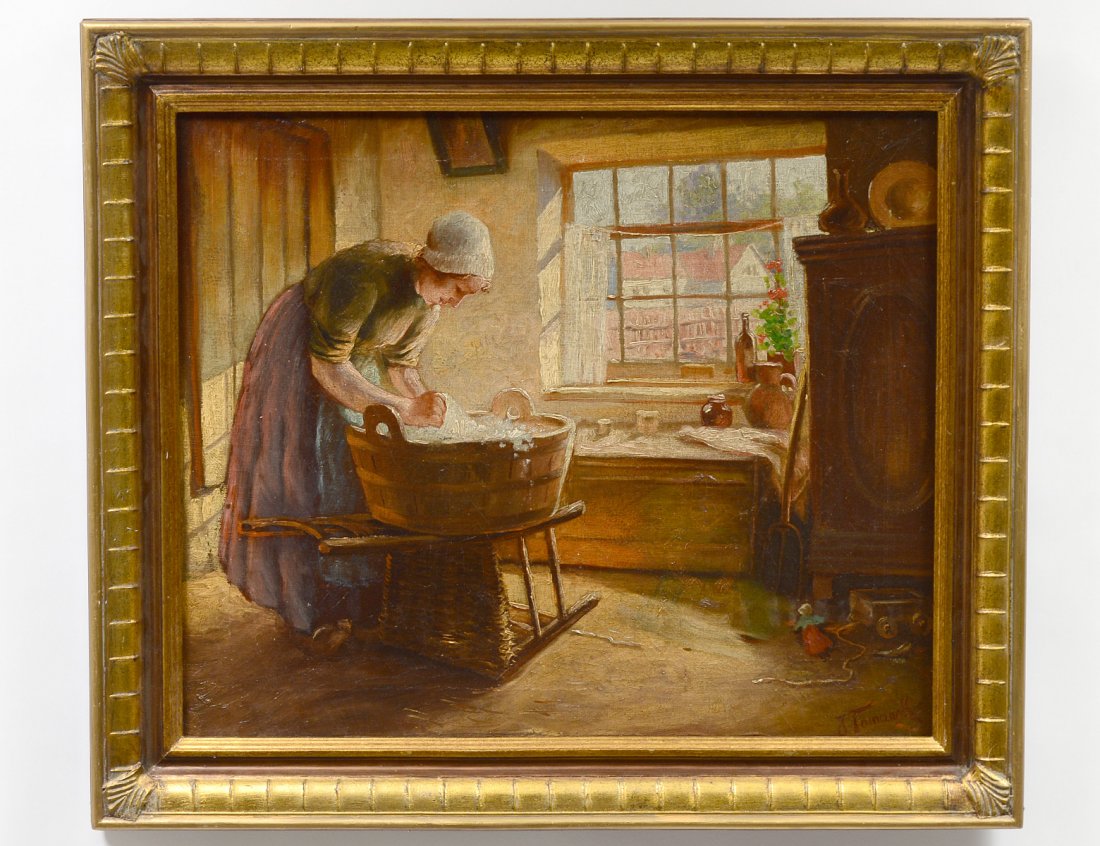 JOSEPH TOMANEK (Czechoslovakian/American. 1889-1974): "Interior with Lady Washing". Signed l/r. Oil on Canvas. Measuring 20" by 24". Gold carved frame. (Cond: has overall crazing) (700/900)