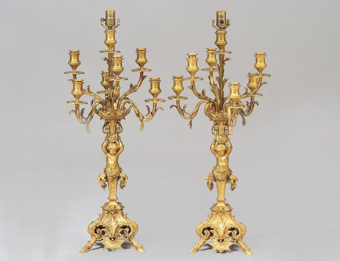 PAIR OF SEVEN LIGHT BRONZE CHERUB CANDELABRAS (1 of 3)