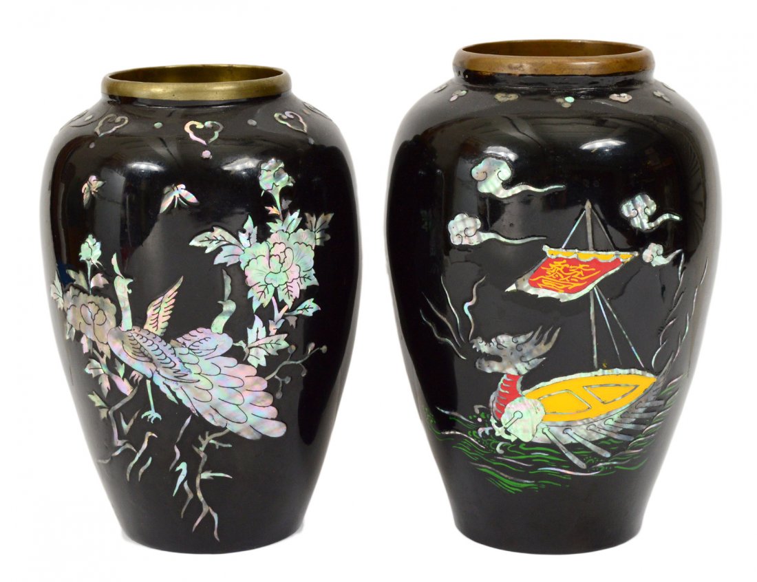 TWO LACQUERED AND MOTHER-OF-PEARL INLAID BRASS VASES (1 of 3)