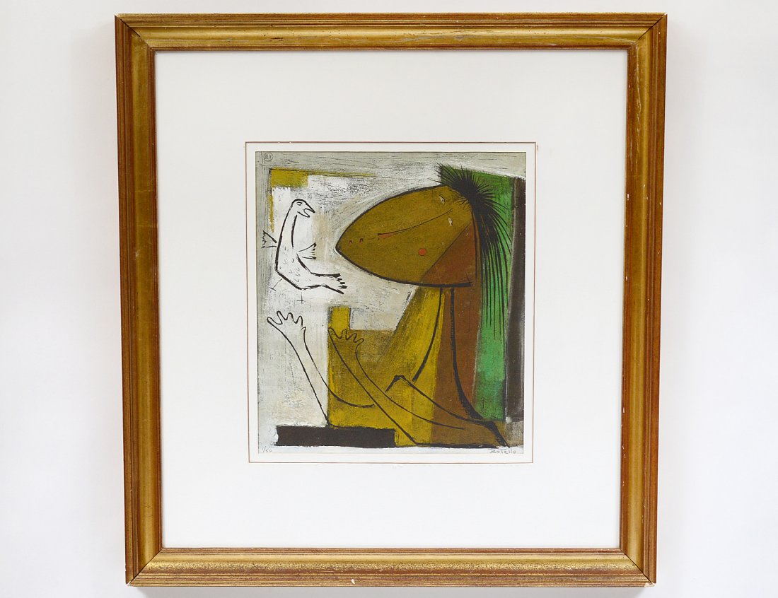 ANGEL BOTELLO (Puerto Rican. 1913-1986): Untitled. Signed in pencil l/r. Numbered 1/50. Color Linocut. Measuring 16 1/2â€ by 14 1/2â€. Framed. (Cond: good) (1000/1500)