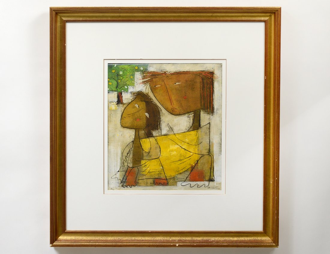 ANGEL BOTELLO (Puerto Rican. 1913-1986): Untitled. Signed in pencil l/r. Color Linocut. Measuring 16 1/2â€ by 14 1/2â€. Framed. (Cond: good) (1000/1500)