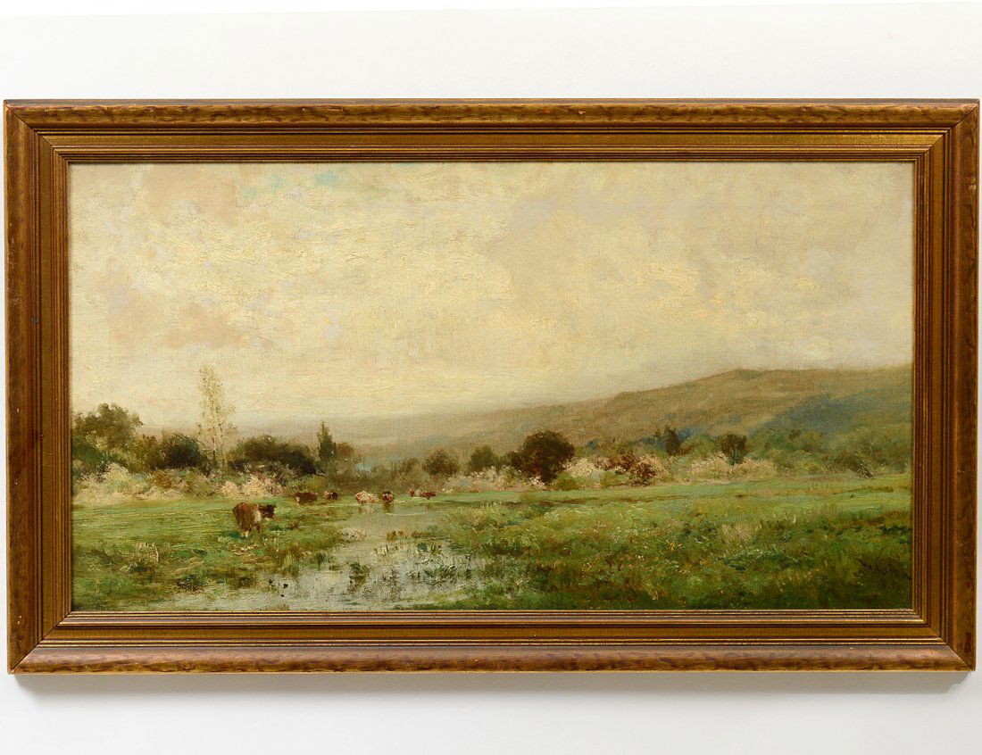 WILLIAM KEITH (American. 1839-1911): €Pasture Landscape€. Signed l/r. Oil on Canvas on Board. Measuring 14 1/2€ by 16 1/2€. Framed. (Cond: some yellowing to varnish) (3000/4000)