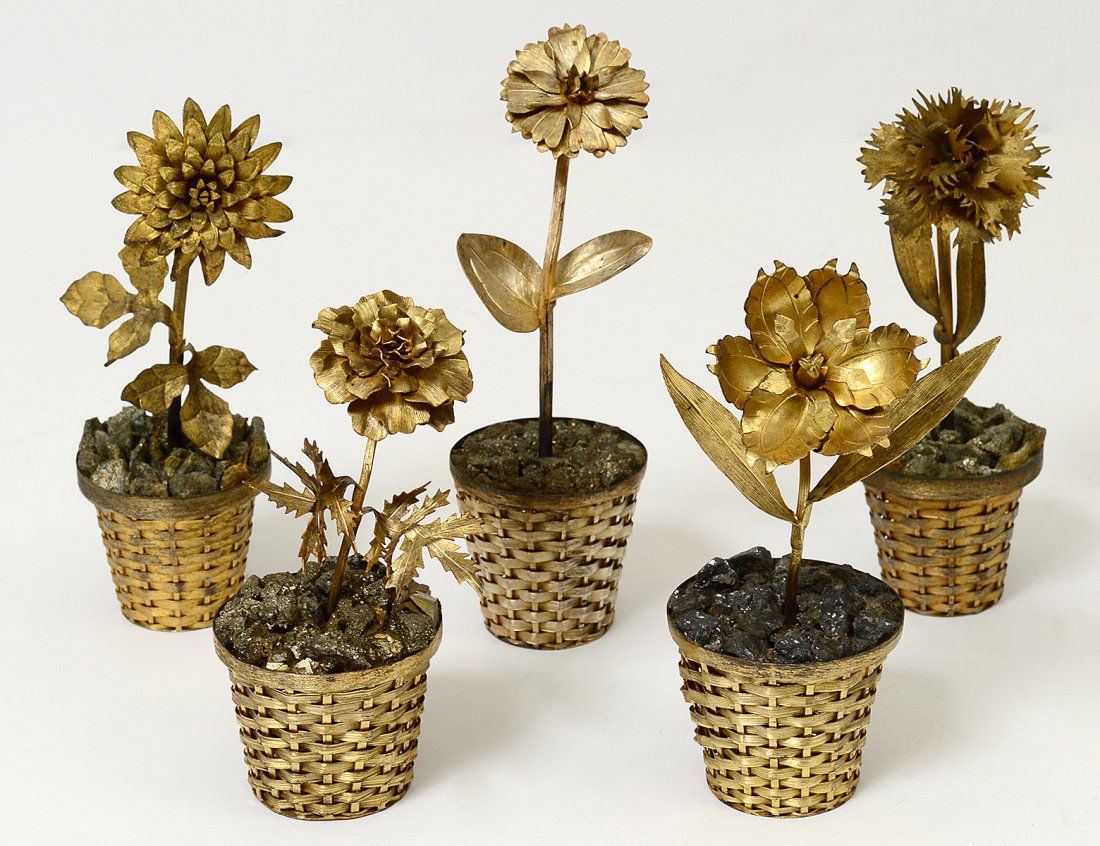 GROUP OF FIVE STERLING SILVER FLOWERS IN A POT (1 of 3)