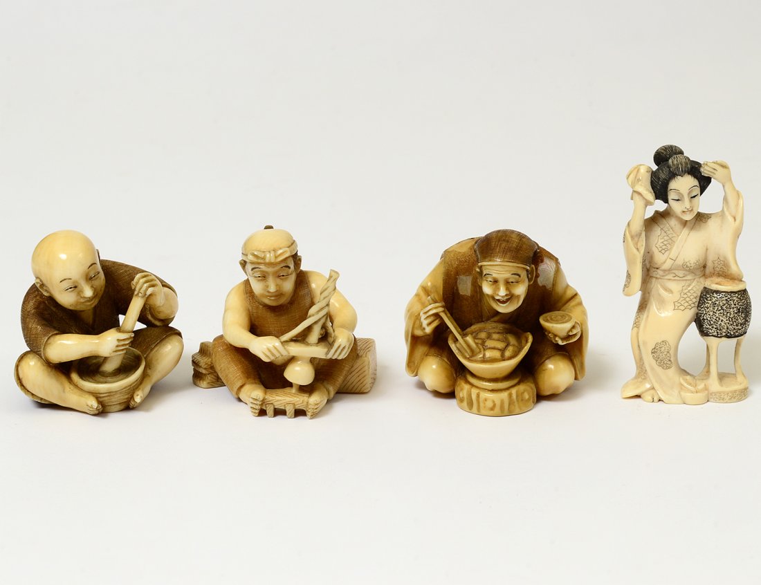 GROUP OF FOUR CARVED IVORY NETSUKES (1 of 6)