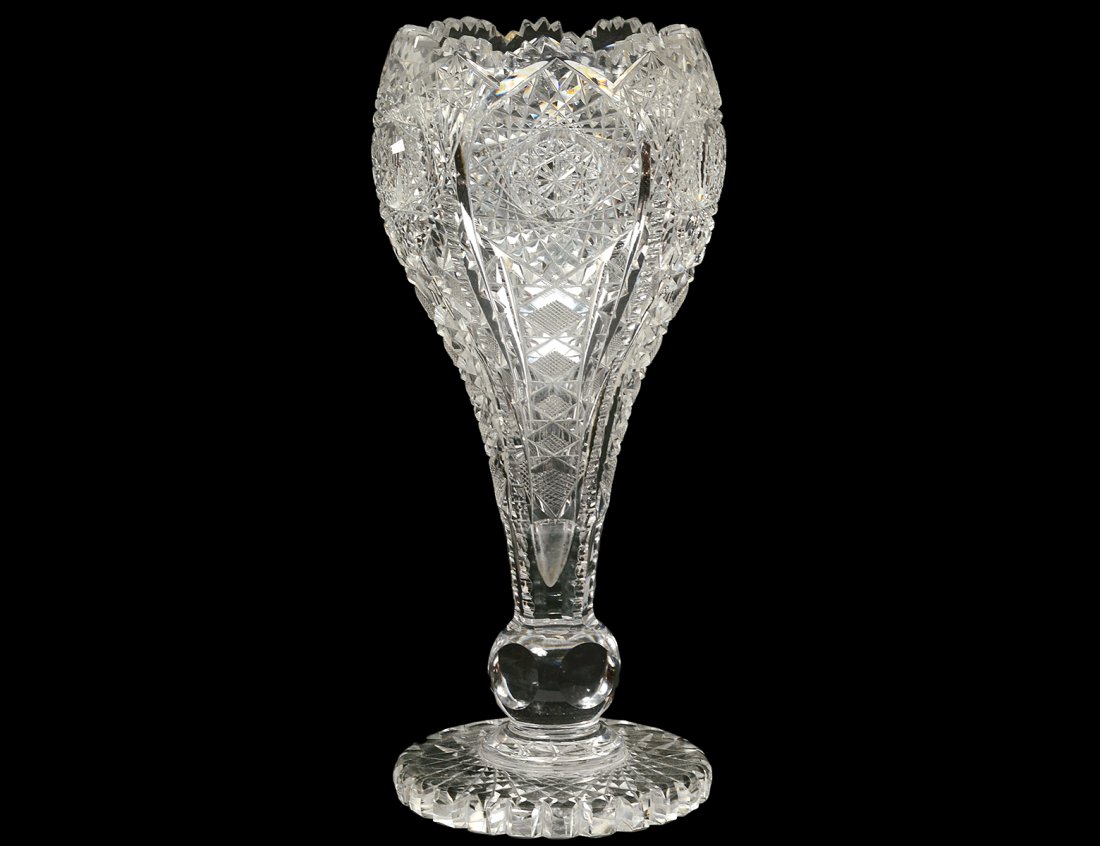 BRILLIANT CUT GLASS VASE: American. Circa 1900. With bulbous mouth. Height 11 3/4". (200/300)