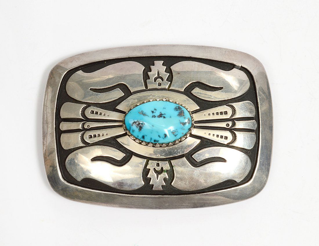 NATIVE AMERICAN STERLING SILVER OLD PAWN BELT BUCKLE (1 of 2)