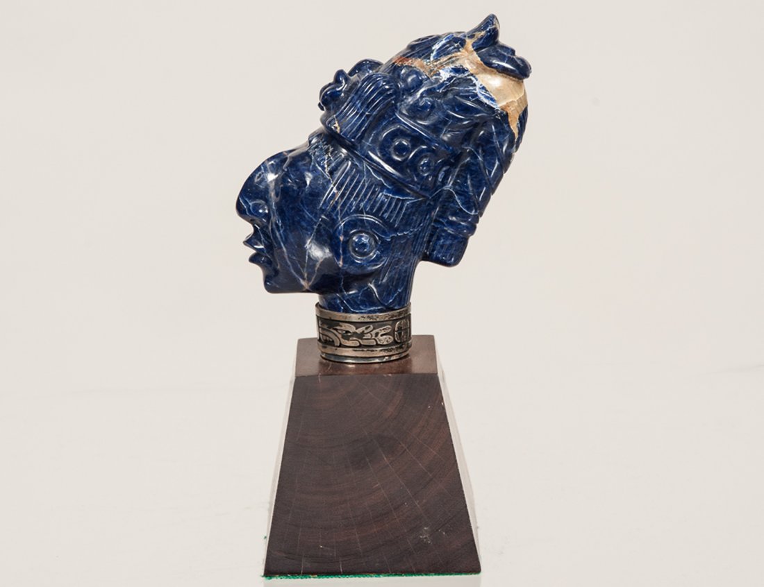 MEXICAN SODALITE AND STERLING CARVED AZTEC HEAD (1 of 4)