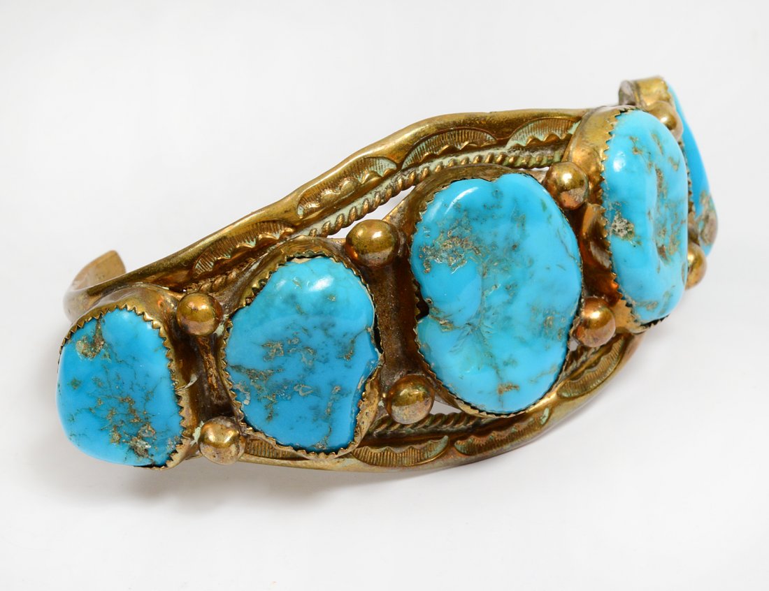 NATIVE AMERICAN BRASS AND TURQUOISE CUFF BRACELET (1 of 3)