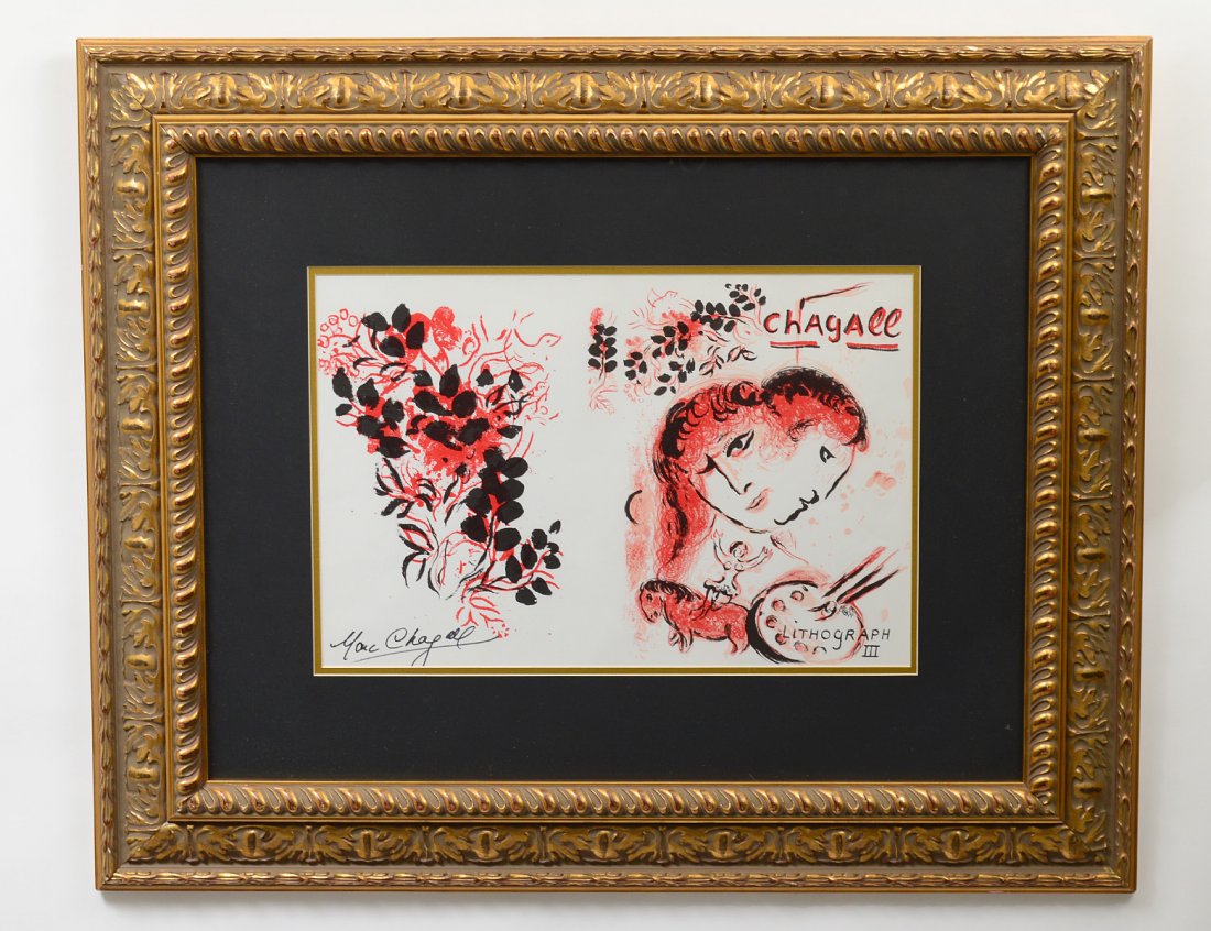 MARC CHAGALL (French. 1887-1985): â€œLithographe IIIâ€. Signed lower left. Dated 1969. Verso states printed in France. Color Lithograph. Measuring 14â€ by 20â€. Framed under glass. (Cond: good) (400/600)