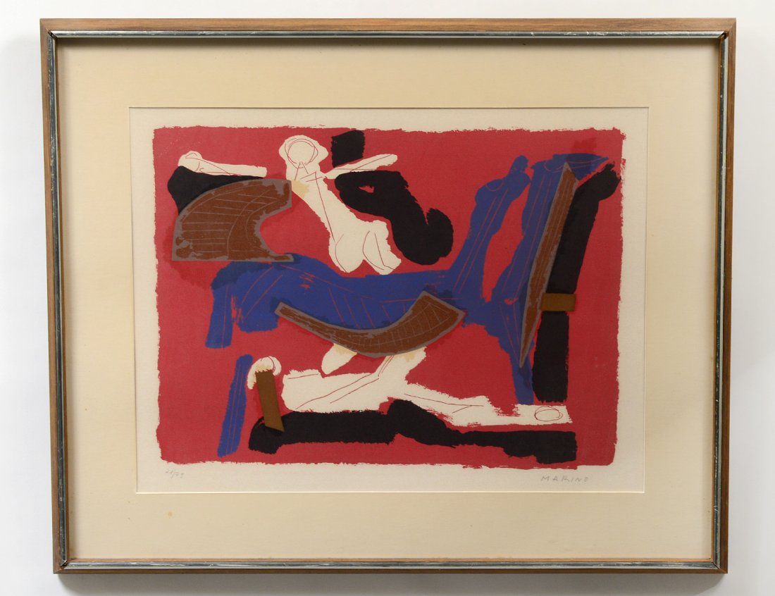 MARINO MARINI (Italian. 1901-1980): "Untitled". Signed in pencil l/r and numbered 21/75. Lithograph. Image measuring 19 1/2" by 14 1/2". Framed under glass. (Cond: good) (400/600)