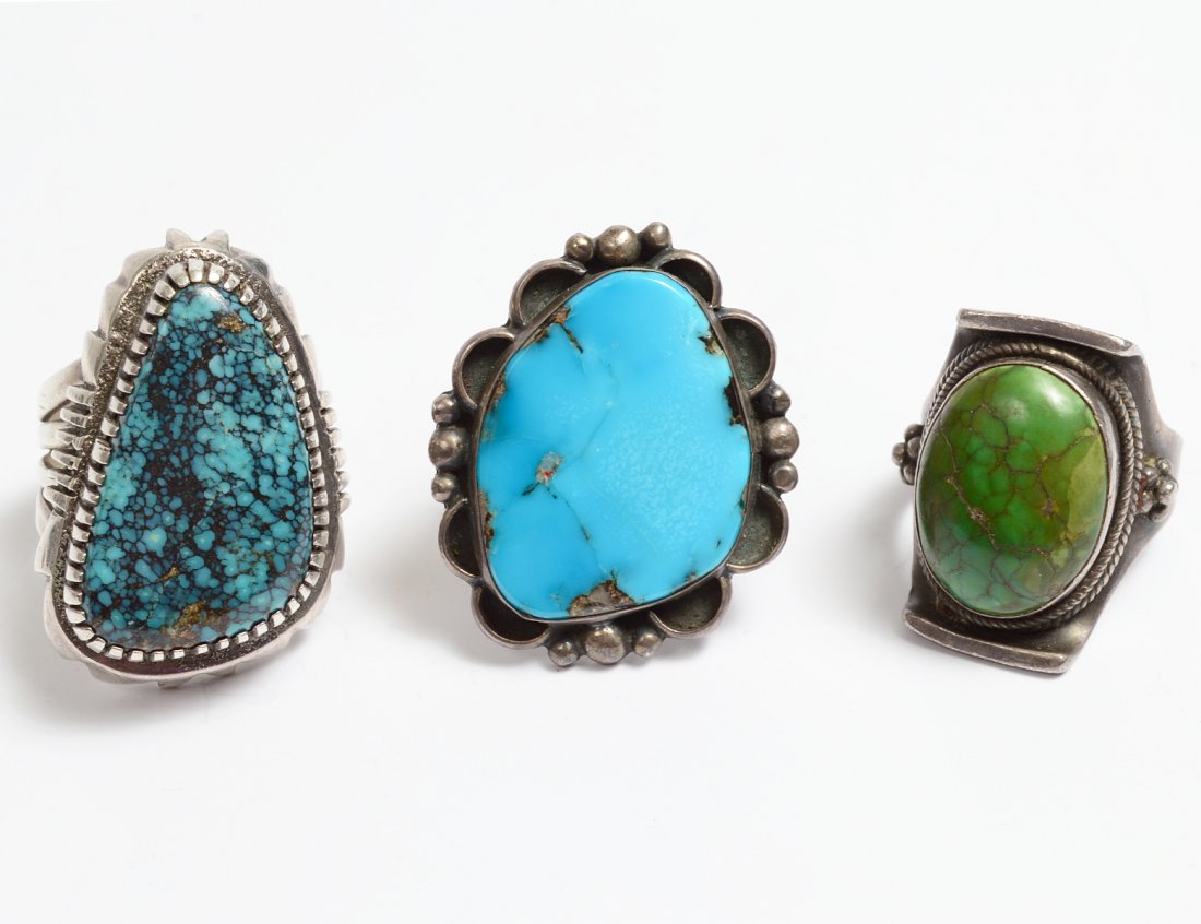 GROUP OF THREE STERLING SILVER AND TURQUOISE RINGS (1 of 3)