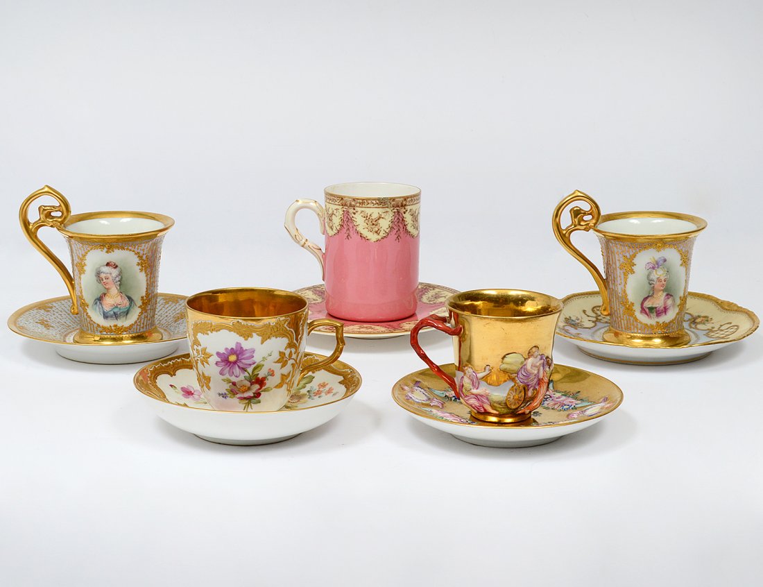 GROUP OF FIVE PORCELAIN DEMITASSE CUPS AND SAUCERS (1 of 3)