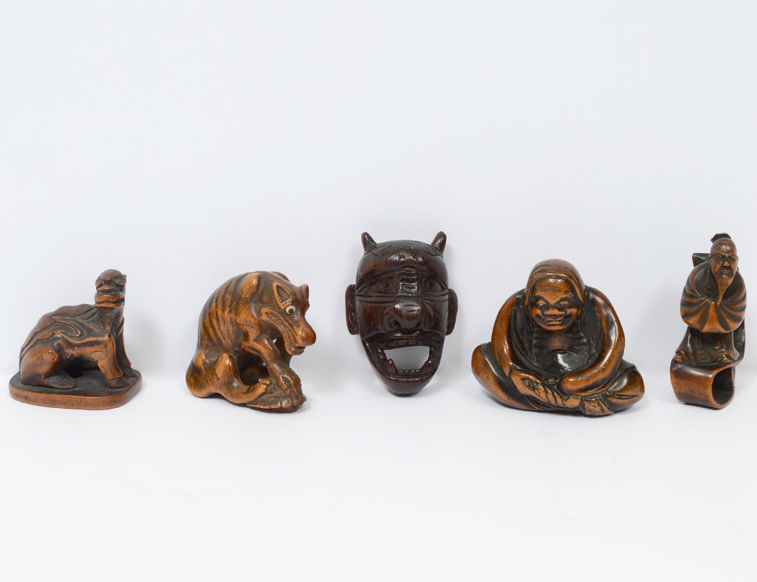 GROUP OF FIVE CARVED WOOD NETSUKES/STUDIES (1 of 6)