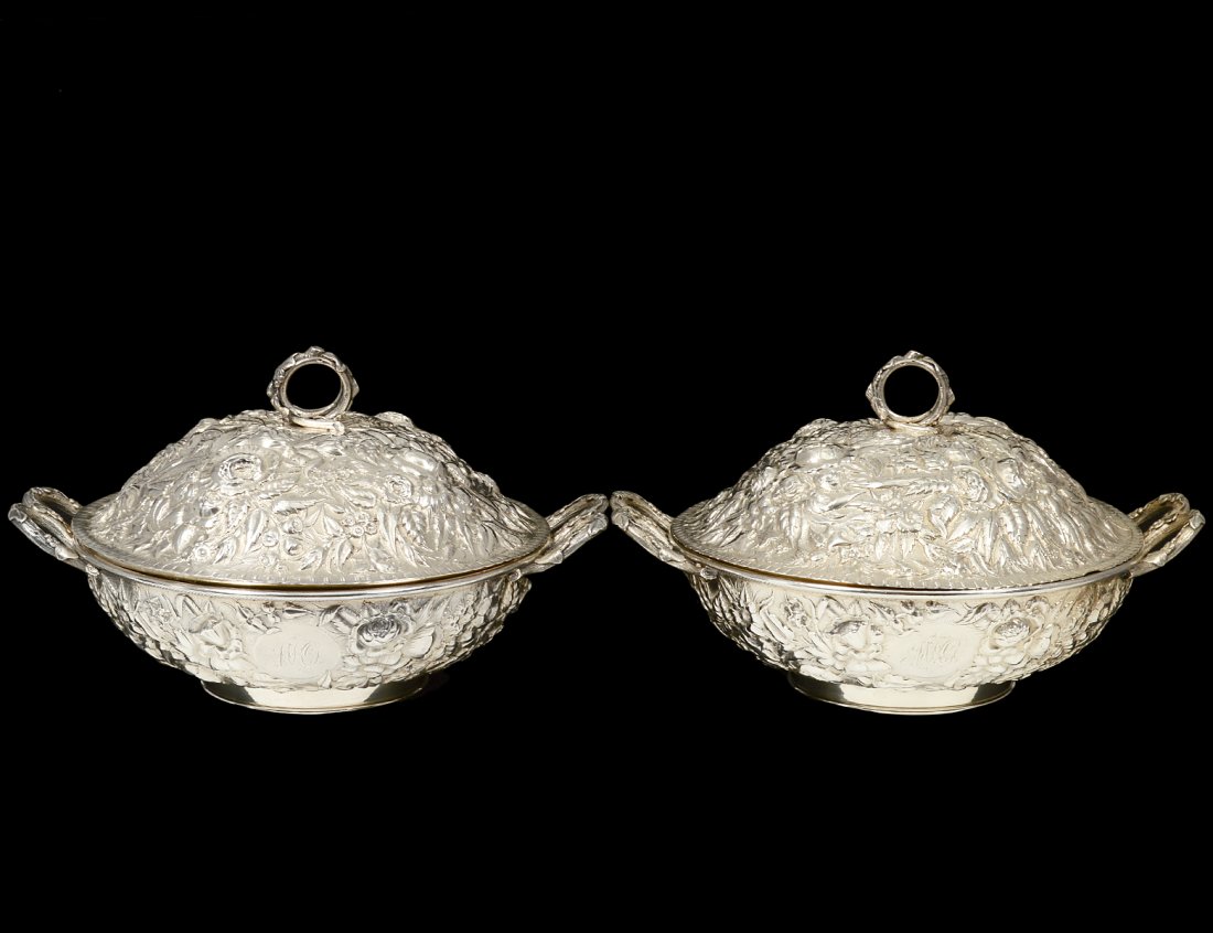 PAIR OF STERLING SILVER REPOUSSE SUPPER DISHES AND (1 of 6)