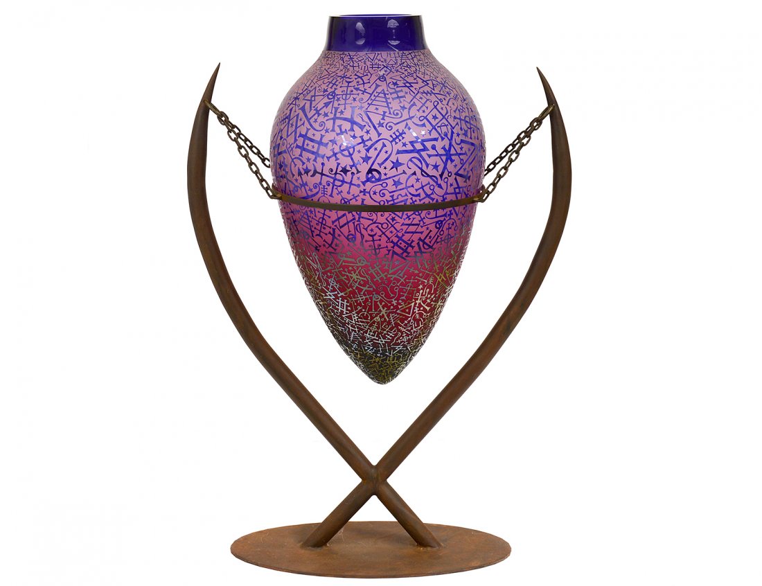 DUNCAN McCLELLAN (American. 20th Century): "Symbols Vase". Signed. Art Glass in a Metal Stand. Height 29 7/8". (1500/2000)