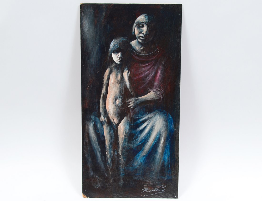 NOEL ROCKMORE (American. 1928-1995): "Mother and Child". Signed and dated '69 l/r. Oil on Masonite. Measuring 24" by 12". Unframed. (Cond: surface dirty, chip to left corner, will need repair) (200/300)