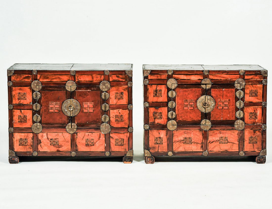 PAIR OF INLAID EXOTIC WOOD SIDE CABINETS (1 of 3)