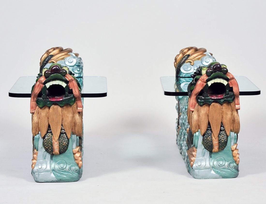 PAIR OF MOLDED COMPOSITION GLASS TOP DRAGON TABLES (1 of 5)