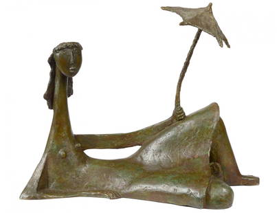 ANGEL BOTELLO (Puerto Rican. 1913-1986): "Girl with Umbrella". Signed Botello and No. x/x. Bronze with Light Brown Patina. Length 21 1/4". Height 17 1/2". (20000/30000) Accompanied by a Certificate of Authenticity from Galeria Botello dated