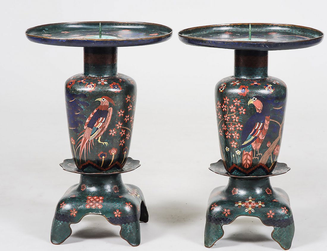 PAIR OF CLOISONNE ENAMEL PRICKET STICKS (1 of 4)