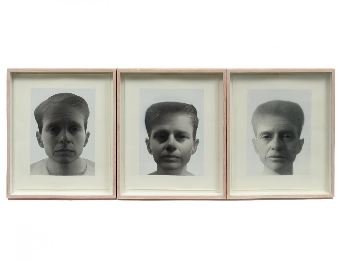 SUSAN HAUPTMAN (American. Born 1947): Group of Three Self Portraits. No visible signature. Gallery label en verso dated 1991. Charcoal and Pastel on Paper. Measuring 14” by 10”. Framed under glass. (500/700) Provenance: Tatistcheff Ga