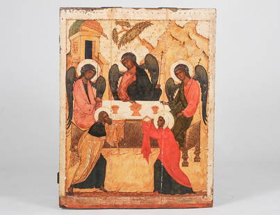 TEMPERA ON WOOD ICON "TRINITY": 17th Century. Measuring 42 1/4" by 31 1/2". (2000/3000)