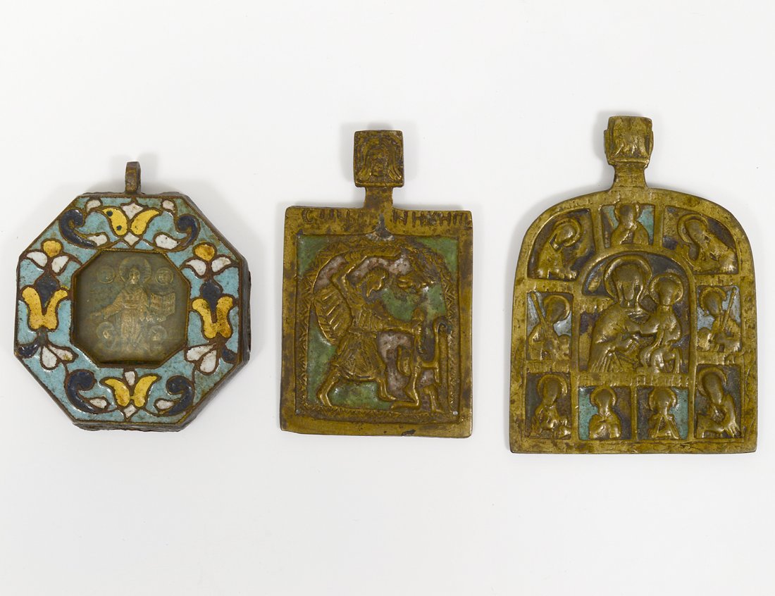 GROUP OF THREE RUSSIAN BRASS AND ENAMEL ICONS (1 of 5)