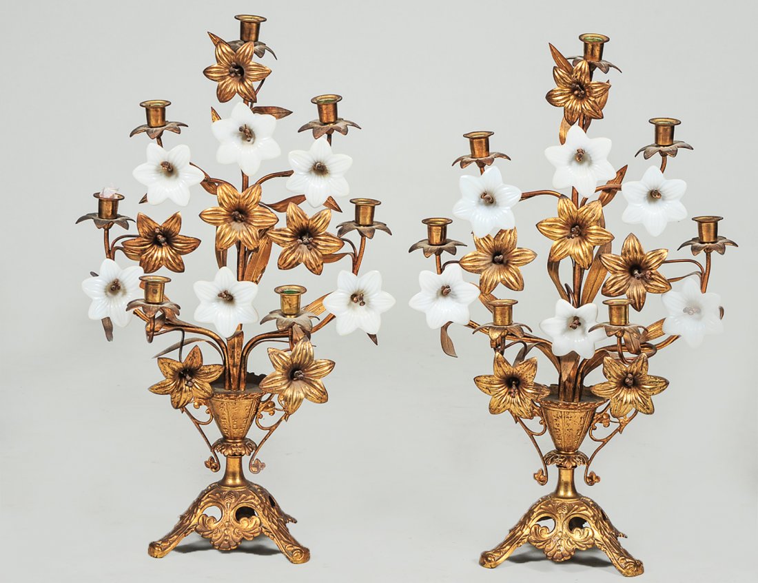 PAIR OF GILT METAL AND GLASS SEVEN LIGHT CANDELABRAS: American. Circa 1900. Each of vase form issuing a flowering branch. Height 24 1/2". (300/400)