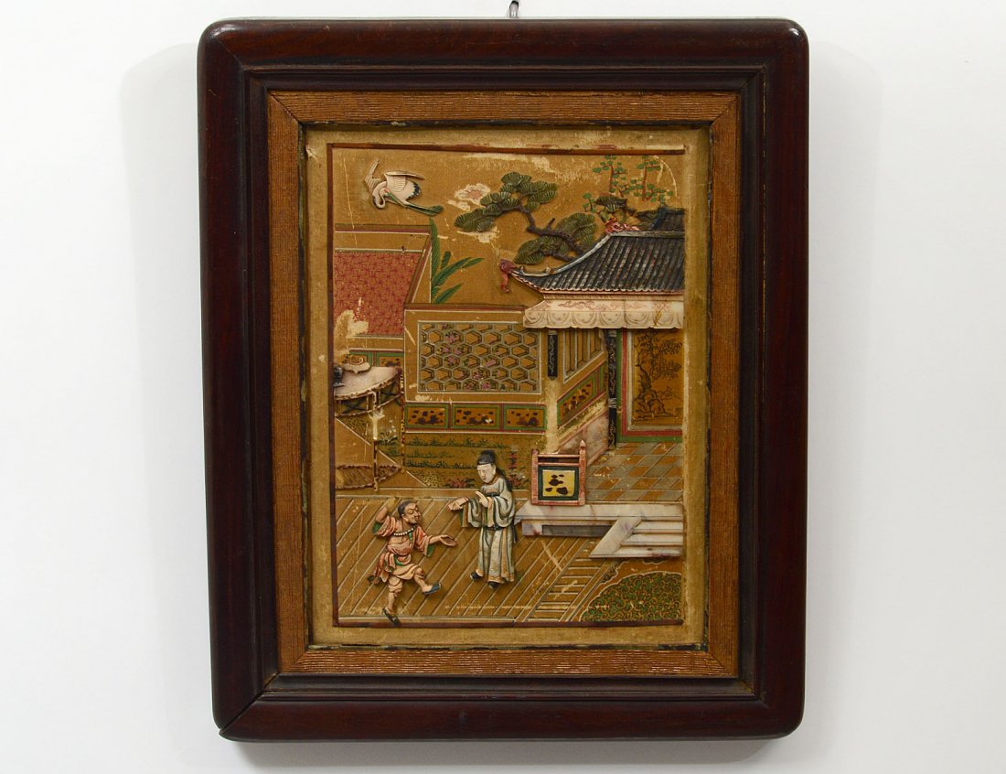 UNUSUAL CARVED AND OVERLAID IVORY AND SOAPSTONE PANEL (1 of 4)