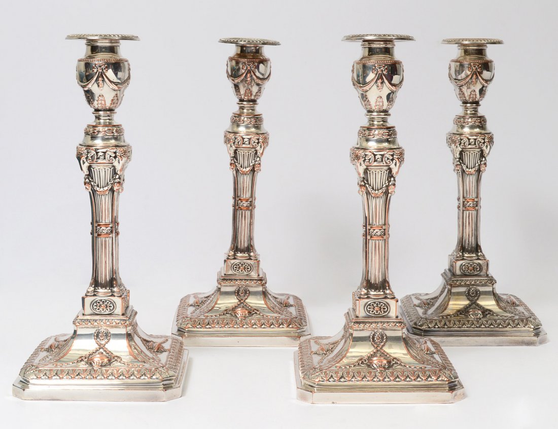 SET OF FOUR SHEFFIELD PLATED CANDLESTICKS (1 of 5)