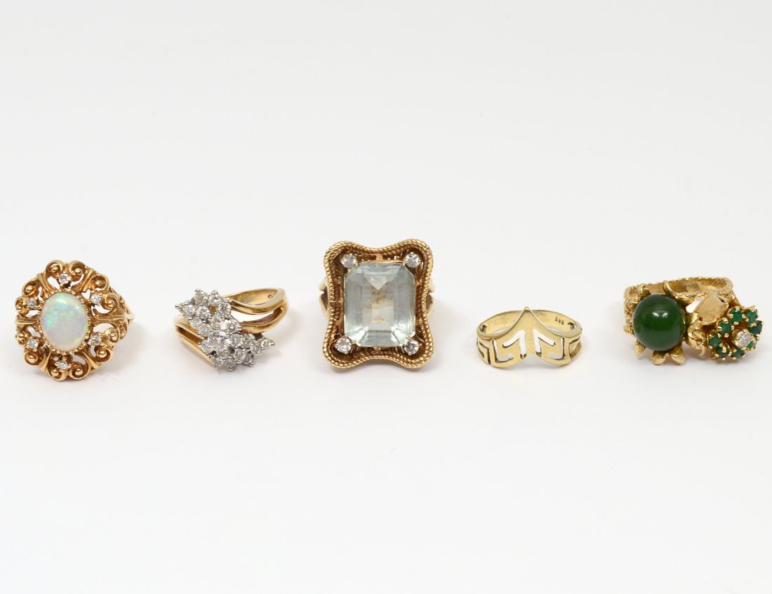 GROUP OF FIVE GOLD RINGS WITH VARIOUS STONES (1 of 3)