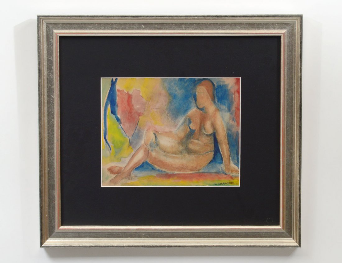 ISRAEL ABRAMOFSKY (Russian/American. 1888-1975): “Seated Nude”. Signed l/r. Watercolor. Measuring 7 1/4” by 9 1/2”. Framed under Plexiglas. (Cond: good) (200/300)