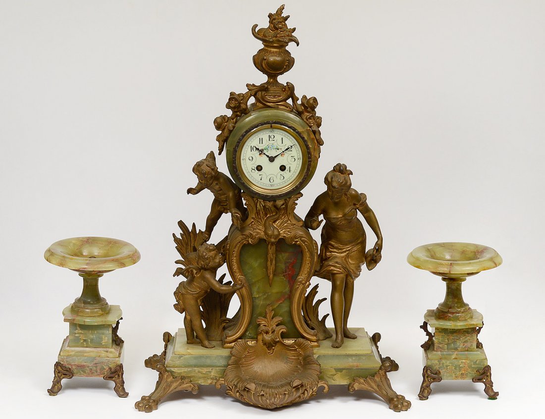 LOUIS XV STYLE THREE PIECE GILT METAL AND ONYX CLOCK (1 of 8)