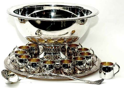 Rogers Silverplate Punch Bowl Set w aprox 75 Cups: Rogers Silverplate Punch Bowl Set with aproximately 75 Gold Wash Cups, Ladle, and Round Tray. Marked with Red Paper Lable Rogers Silver Co Taunton Mass. Bowl is 10-3/4 Inches Tall and 17 Inches Diamet