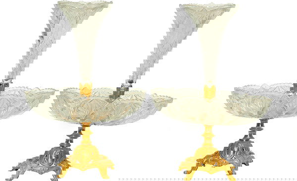 Pair Louis XV Gilded Bronze and Cut Glass Epergnes: Pair Louis XV Style Gilded Bronze and Cut Glass Epergnes. Measures 14-3/4 Inches Tall 10-3/8 Inches Wide. Good Condition. Shipping $48.00. (600/800)