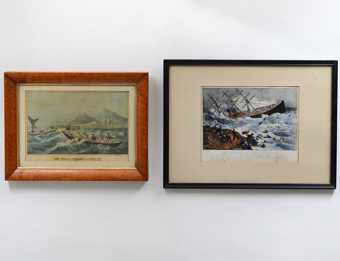 NATHANIEL CURRIER (American. 1813-1888) and JAMES: “The Wreak of the Atlantic”. Published by Currier and Ives. 125 Nassau St. NY. 1873. Hand Colored Lithograph. Measuring 8 1/2” by 12 1/2”. Framed under Plexiglas. (Cond: noticeable foxing) Tog