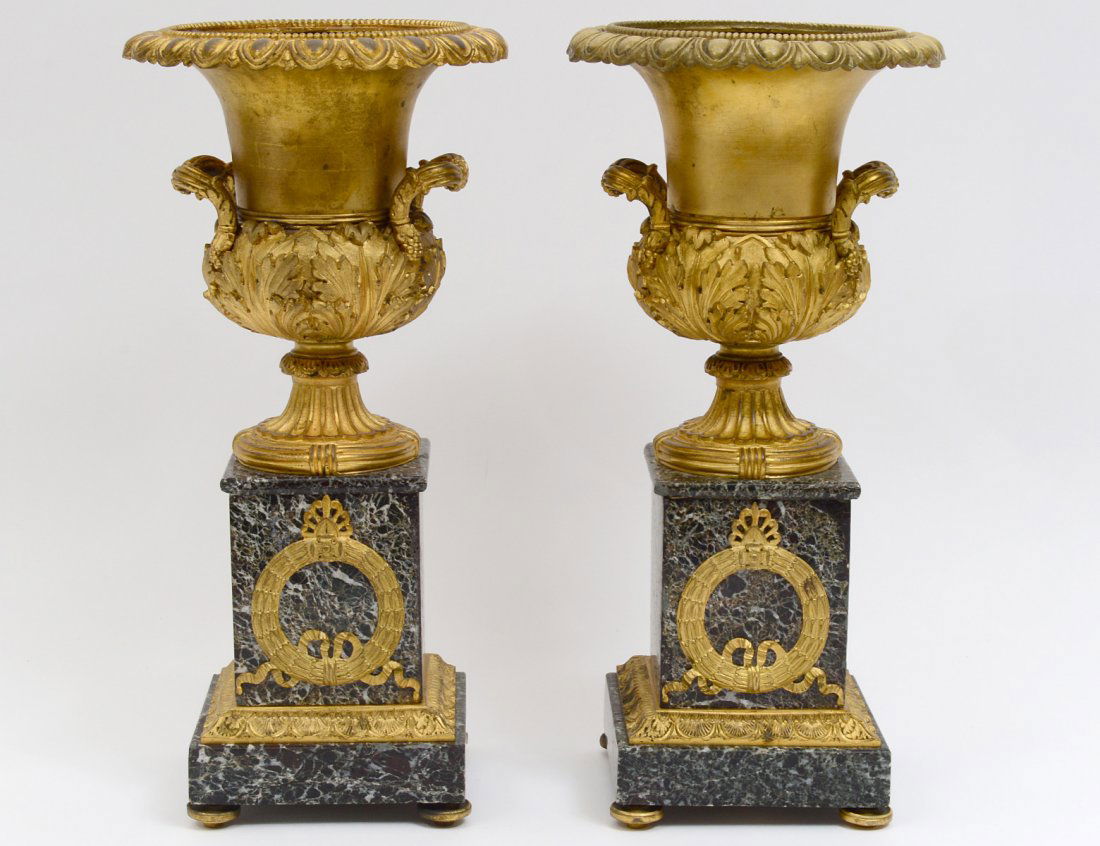 PAIR OF EMPIRE STYLE GILT BRONZE AND MARBLE URNS (1 of 8)