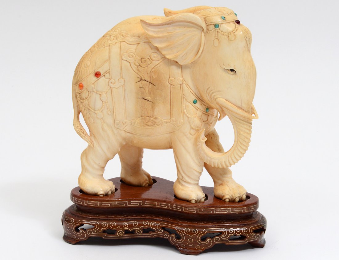 CARVED IVORY STUDY OF A JEWELED ELEPHANT (1 of 6)