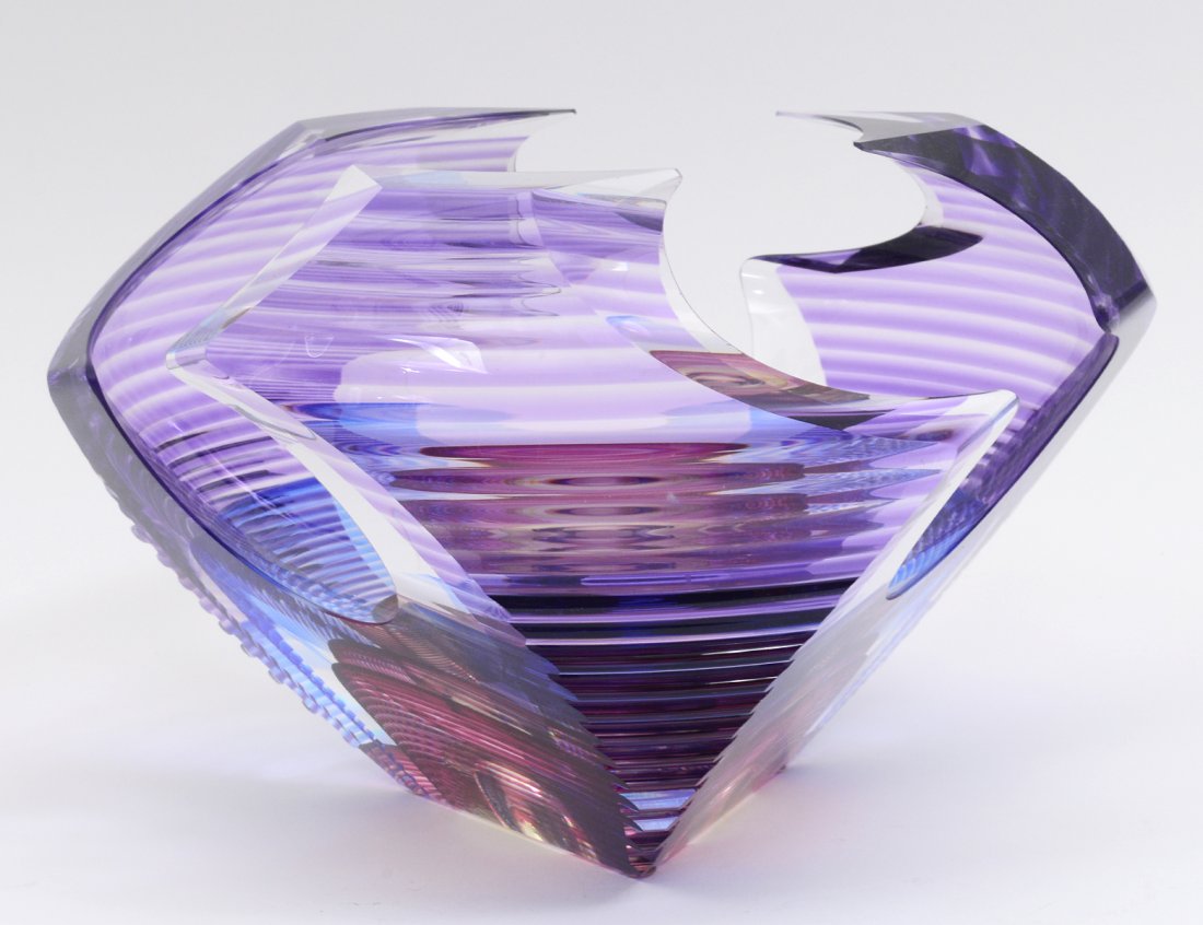 CONTEMPORARY ART GLASS BOWL: Signed Kit Karbler and Michael David and No. 89857. In purple hues. Diameter 10 1/4". (700/900)